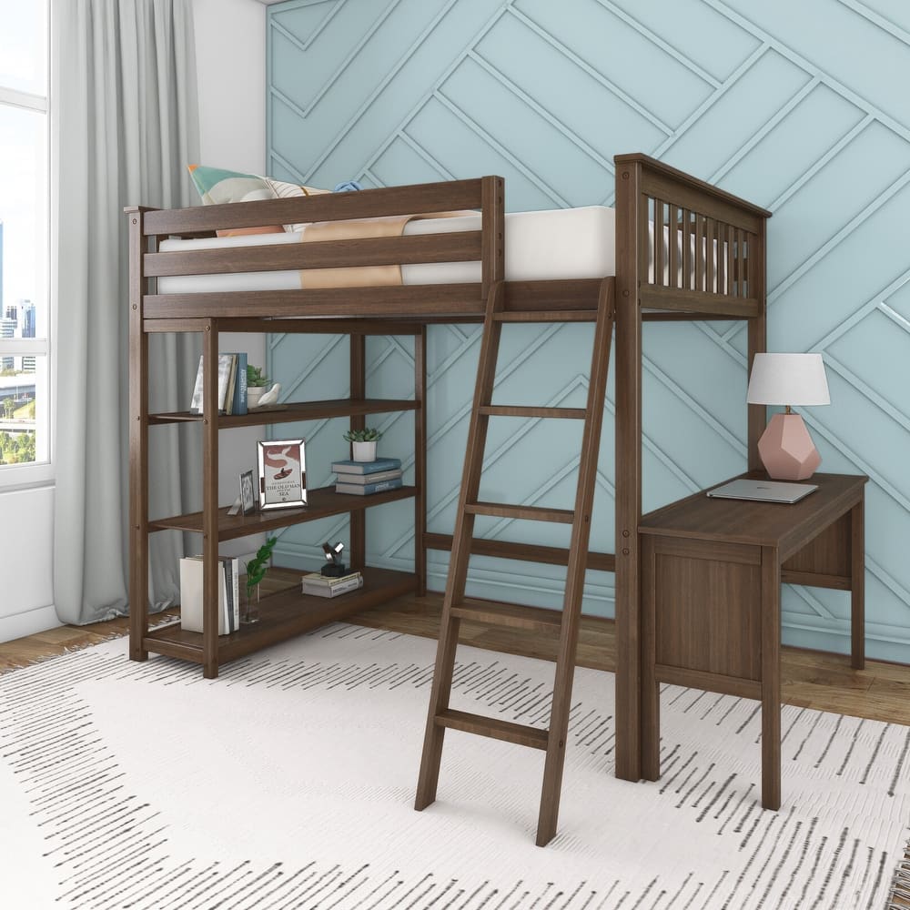 Full-Size High Loft Bed With Bookcase and Desk