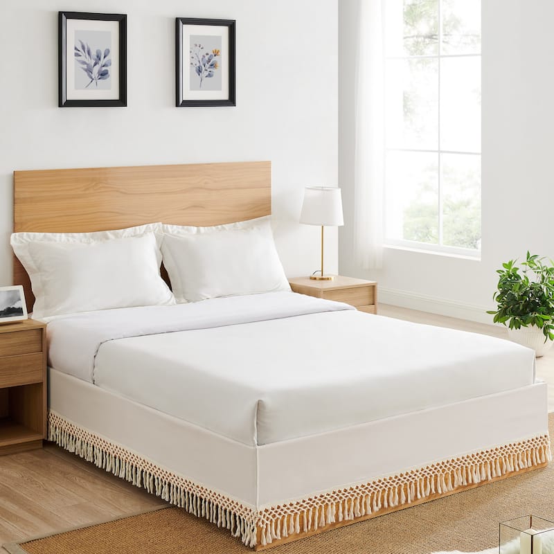 Sweet Jojo Designs Ivory Bohemian Boho Chic Queen Bed Skirt Farmhouse Minimalist Knotted Macrame Tufted Tassel Fringe Cotton