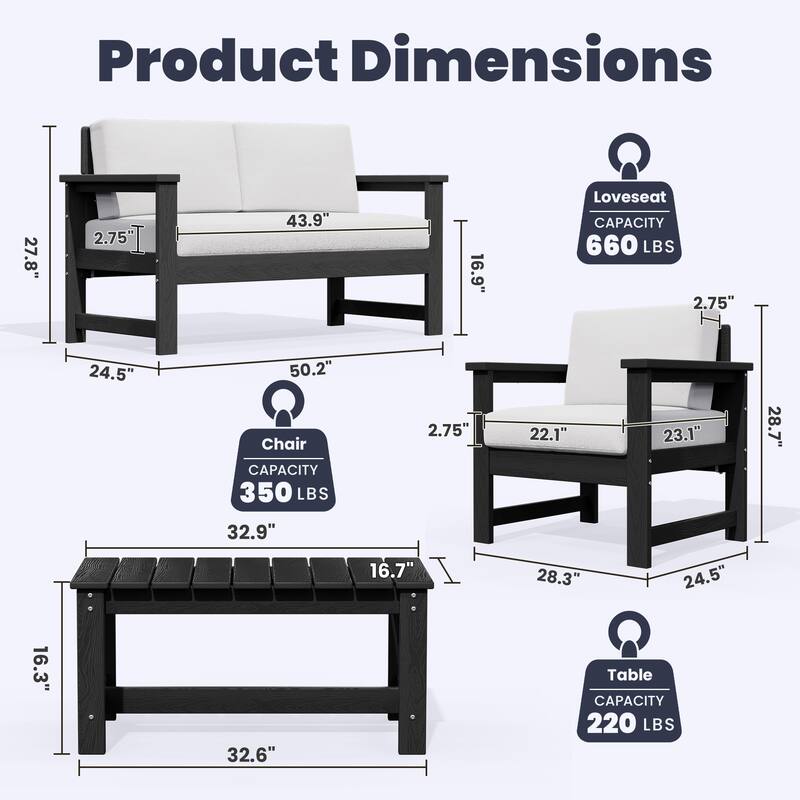 Outdoor Patio HDPE Sectional Sofa and Table Set, Removable Cushions Included, a Loveseat, 2 Single Sofas