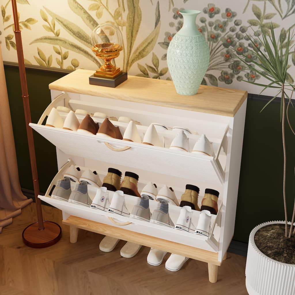 16-Pair Slim Entryway Shoe Cabinet, 2 Flip Drawers Wood Organizer