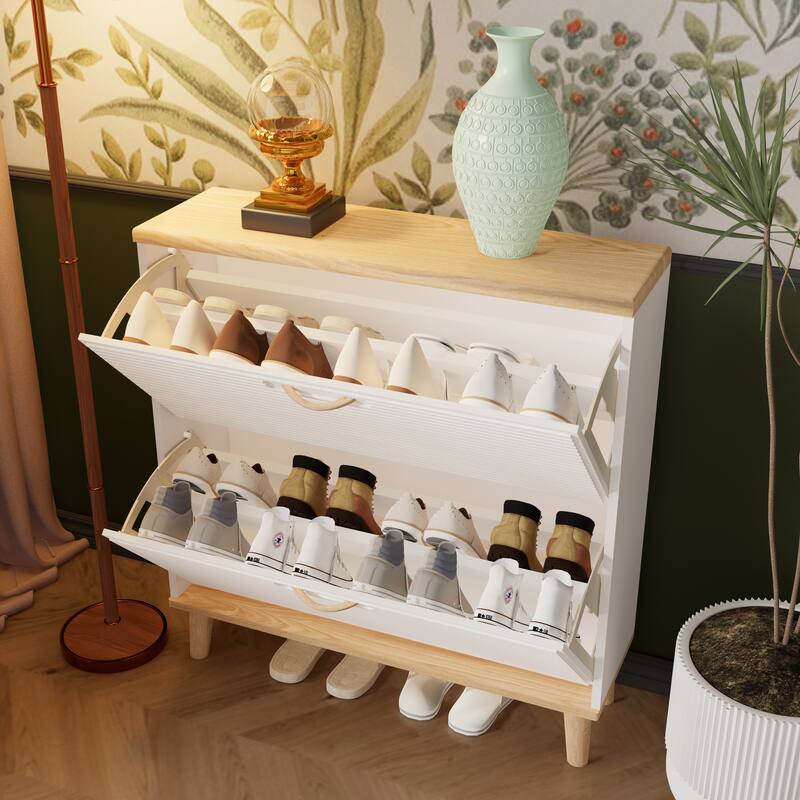 Freestanding Slim Shoe Organizer, Entryway Narrow Shoe Rack Cabinet, Shoe Cabinet with 2 Flip Drawers & Natural Wood Legs
