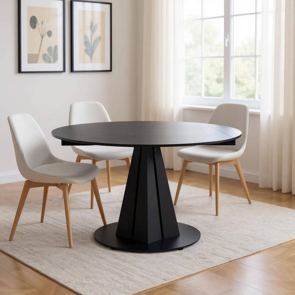HomeRoots 51" Black Stone and Metal Self-Storing Leaf Pedestal Base Round Top Extendable Dining Table