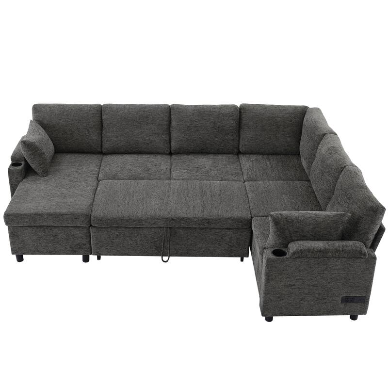 U-Shaped Chenille Sectional Sofa with Storage Chaise Lounge, Convertible Sleeper Sofa Bed with Cup Holders & Charging Ports