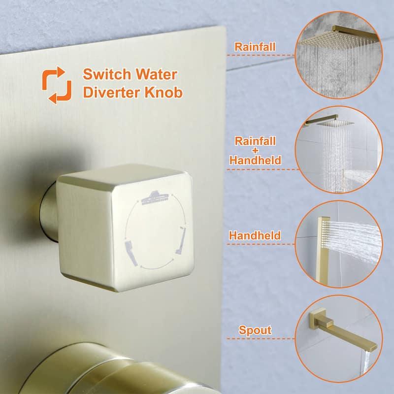 Wall Mount Tub Shower Faucet With Hand Shower Pressure Balance Shower System With Tub Spout 12 Inch Rainfall Shower Head Sets