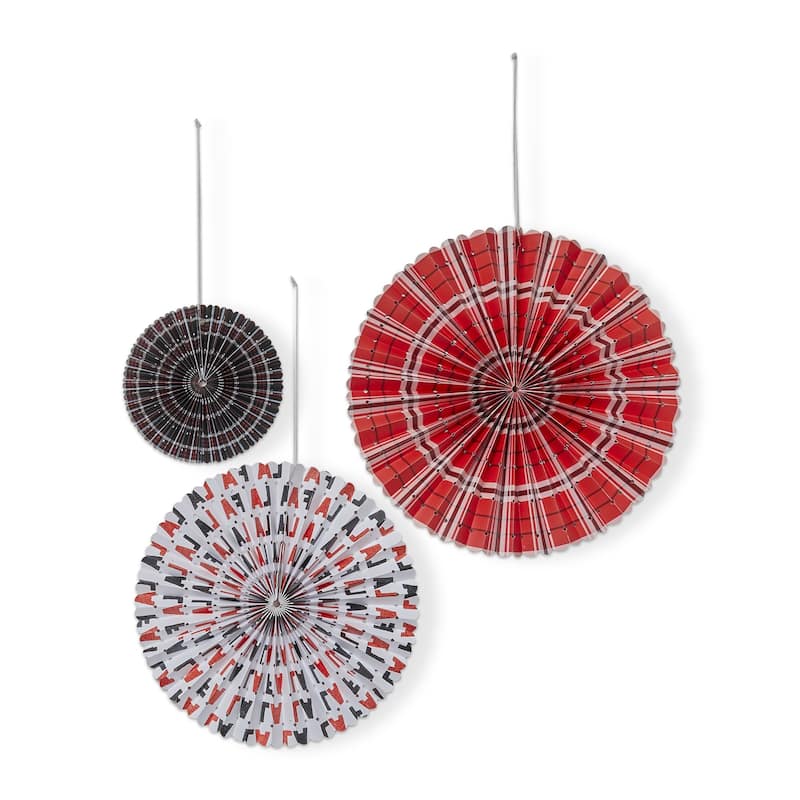 Falala Plaid Paper Fan Decor Set of 3 - Multicolor Wall Art for Holiday and Everyday Use, 17 in Diameter