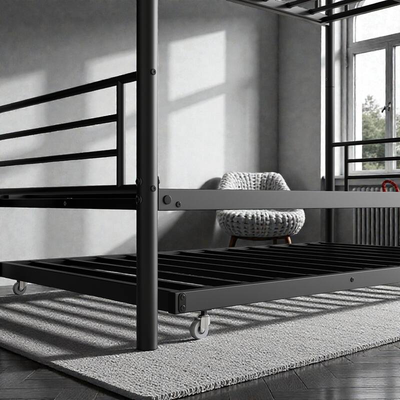 Twin Over Twin Metal Bunk Bed with Trundle, Heavy Duty Frame, Full-Length Guardrail, Ladder, No Box Spring Needed