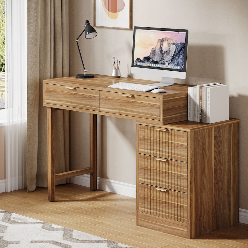 Reversible Computer Desk with 5 Drawers for Home Office - Brown