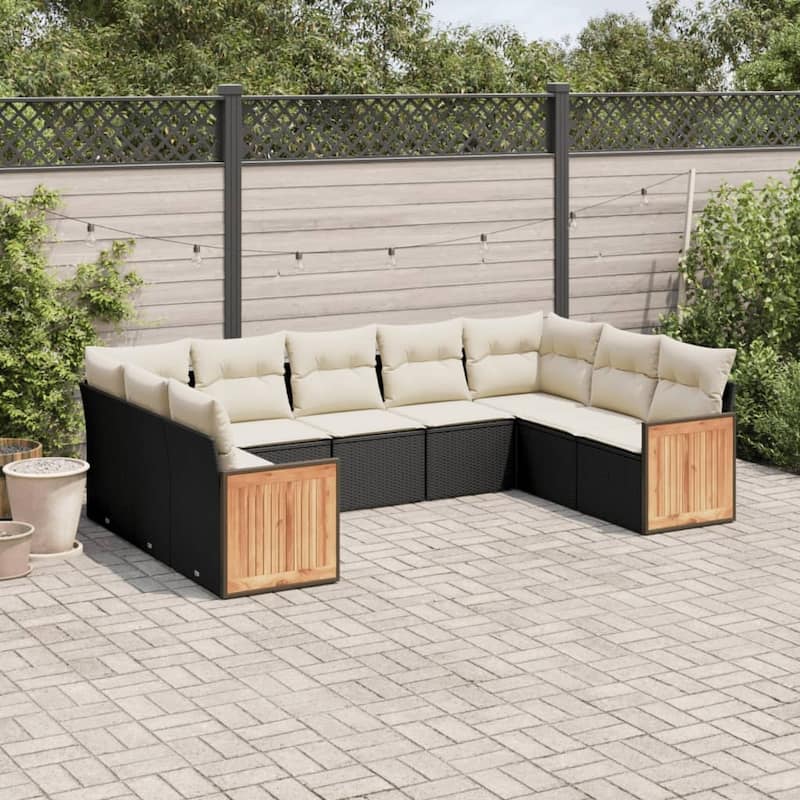 vidaXL Patio Sofa Set with Cushions Outdoor Conversation Furniture Poly Rattan - Black and Cream - 24.4 x 24.4 x 27.2