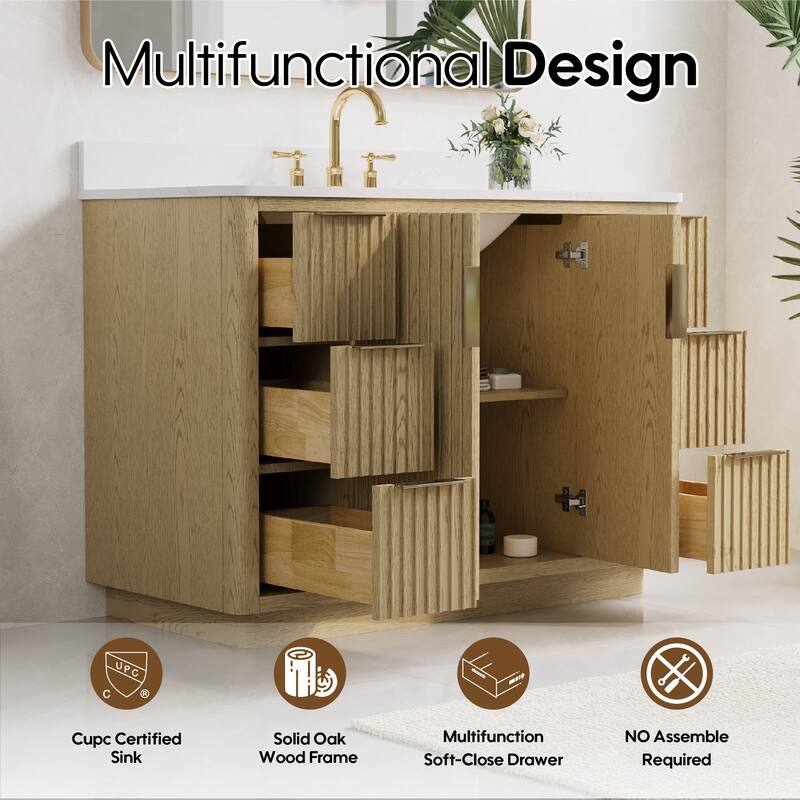 35''H Solid Wood Bathroom Vanity With Stain-resistant Carrera White Quartz Top and Sink