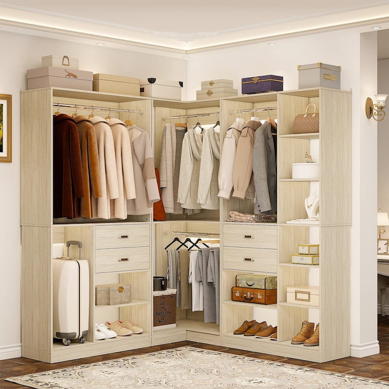 51''-110'' Freestanding Closet Organizer with Hanging Rods, Set of 3 Corner Closet System with Drawers - Washed Oak