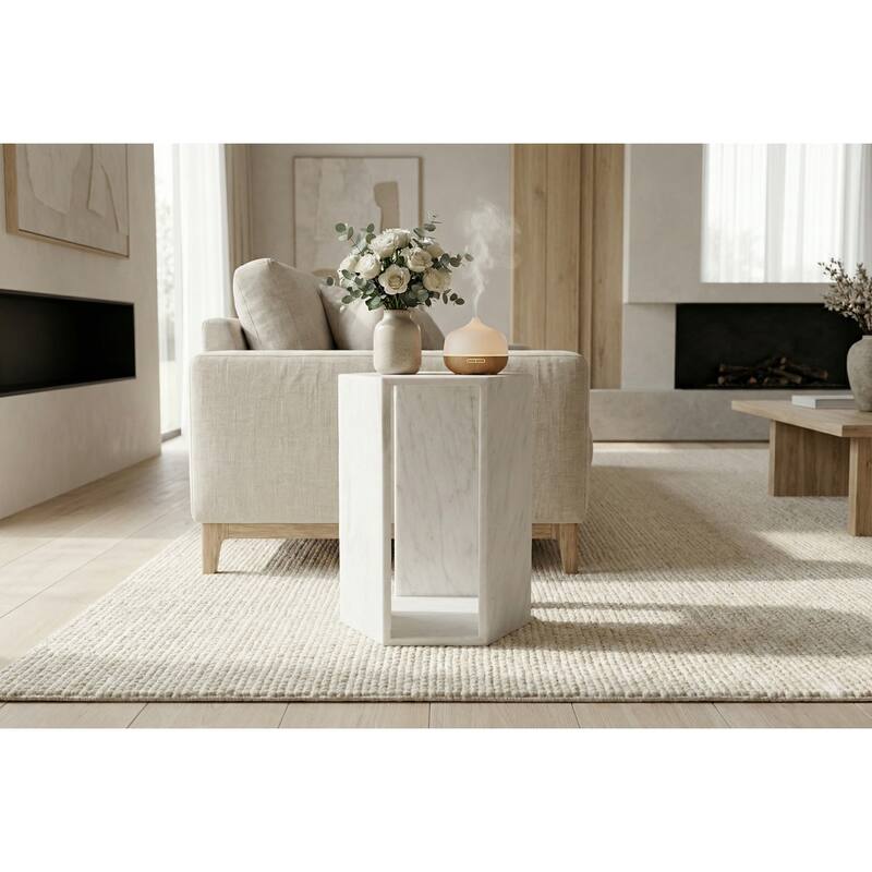 Roomfitters Luxury Natural Marble Hexagon Side Table, Solid Stone Geometric Pedestal End Table, Polished Finish