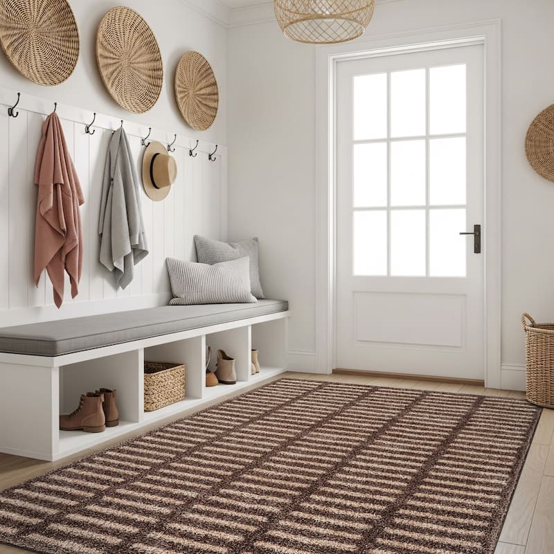 Bohemian Stripe Lines Shag Rug - Textured Surface - Anthracite Dark Gray - Easy to Clean - Beige - 4' x 6'