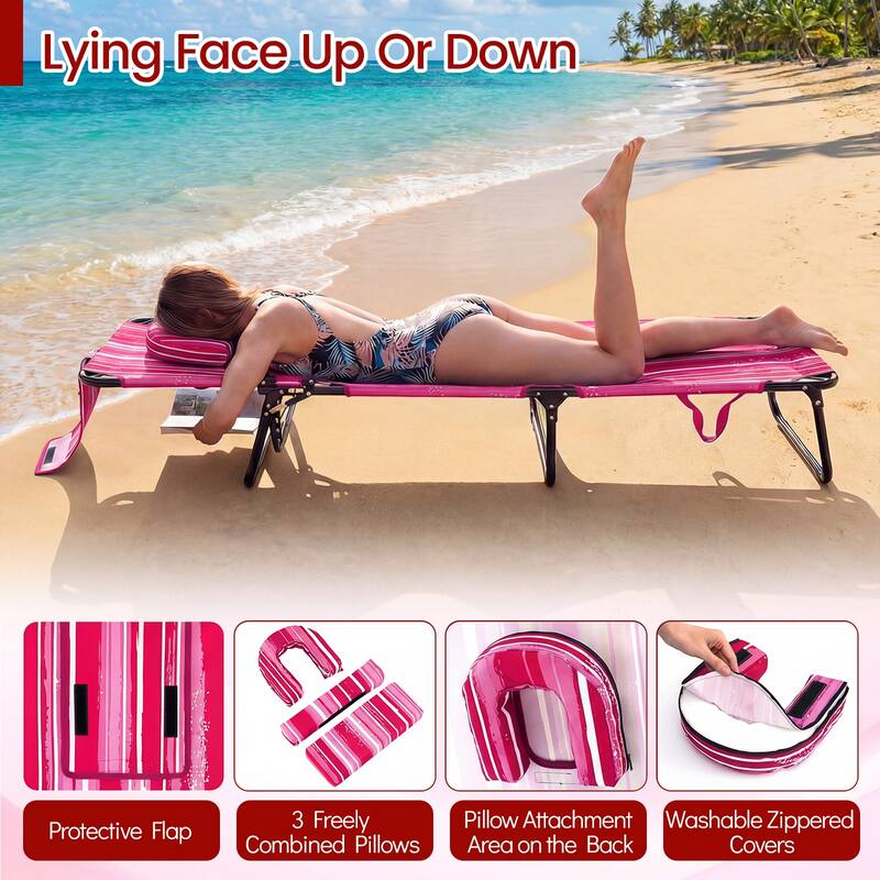 Gymax 2PCS Folding Beach Sun Lounger w/Face Hole Removable Pillows