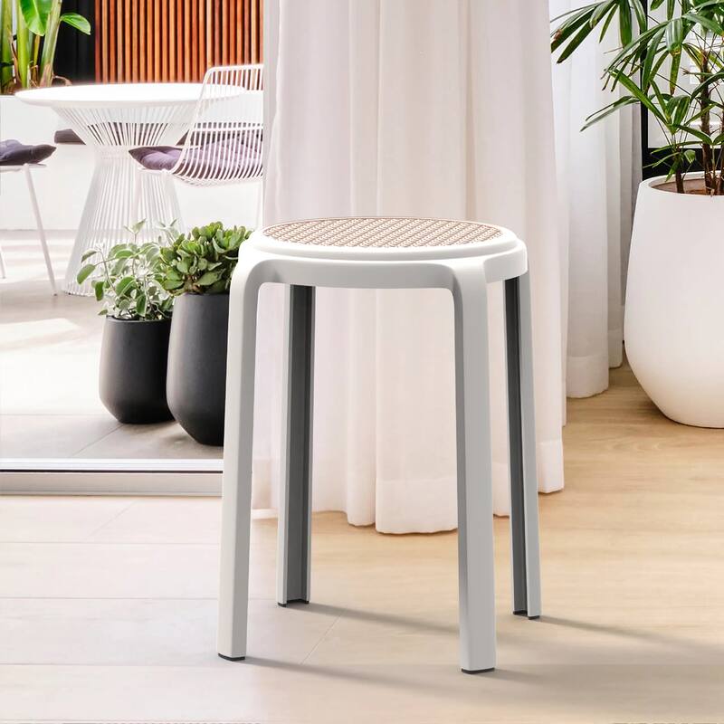 Tresse All-Weather Round Stackable Dining Stool with Wicker-Style Seat for Indoor, Outdoor, Patio, and Kitchen Set of 2