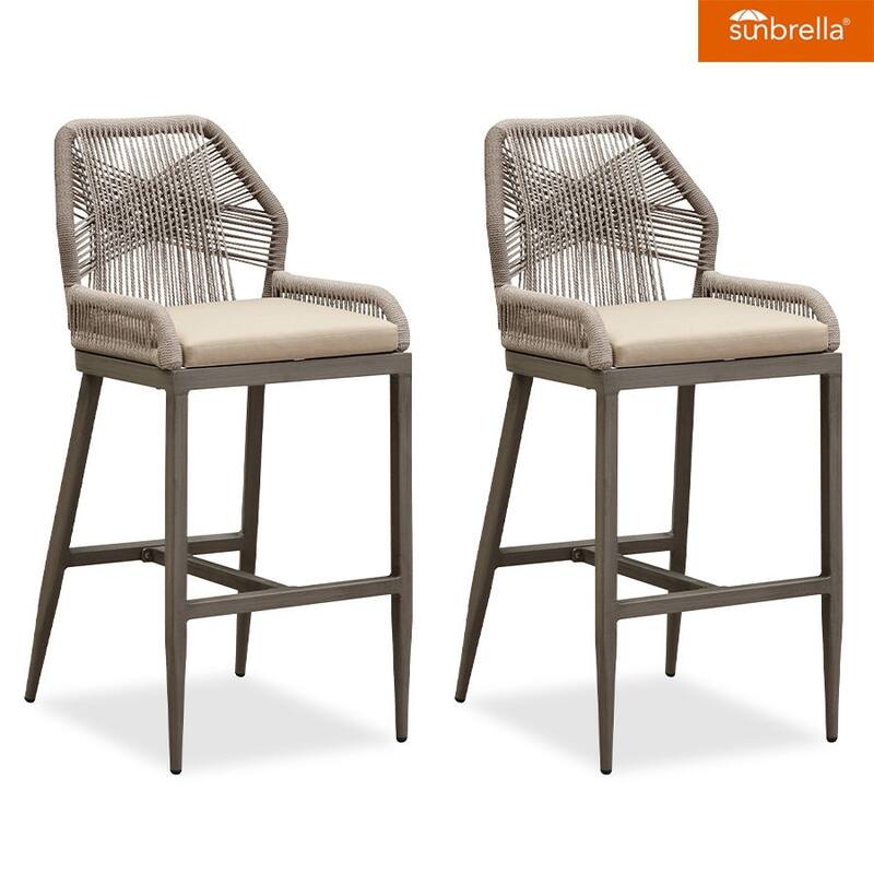 PURPLE LEAF Patio Sunbrella Bar Stools Set of 2 Handwoven Wicker Bar Height Stool Modern Aluminum High Bar Chairs - Light Grey-Khaki(28.5'H)