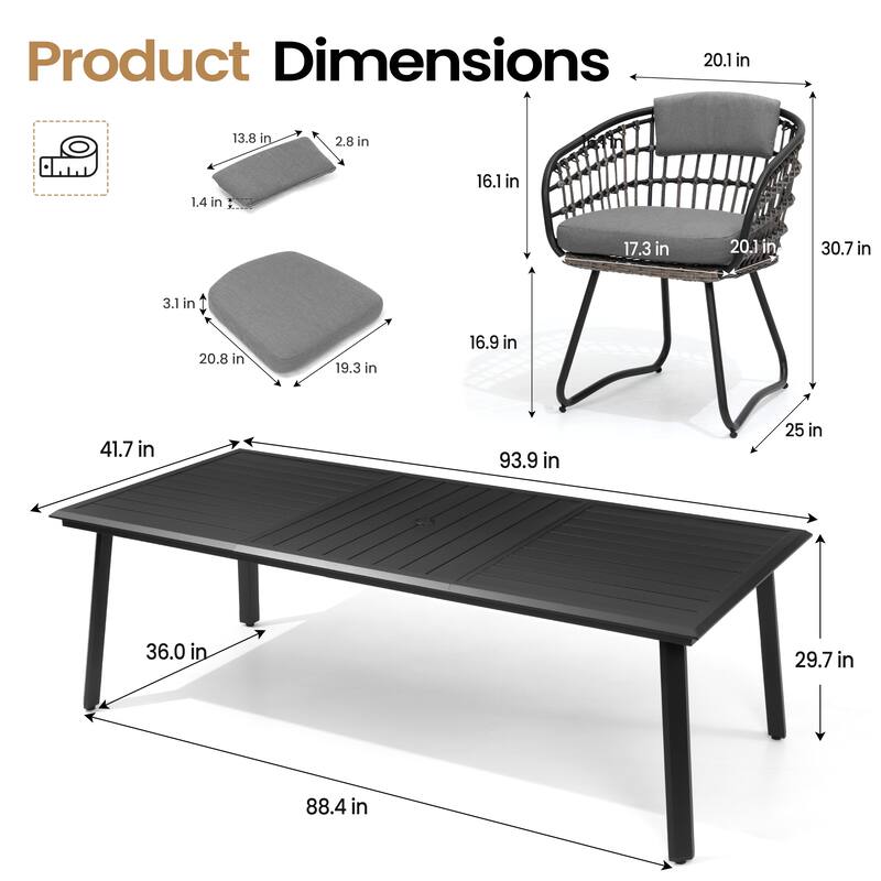 VredHom 9-PC Outdoor Patio Rectangular Aluminum Dining Sets Table with Rattan Chairs Umbrella Hole