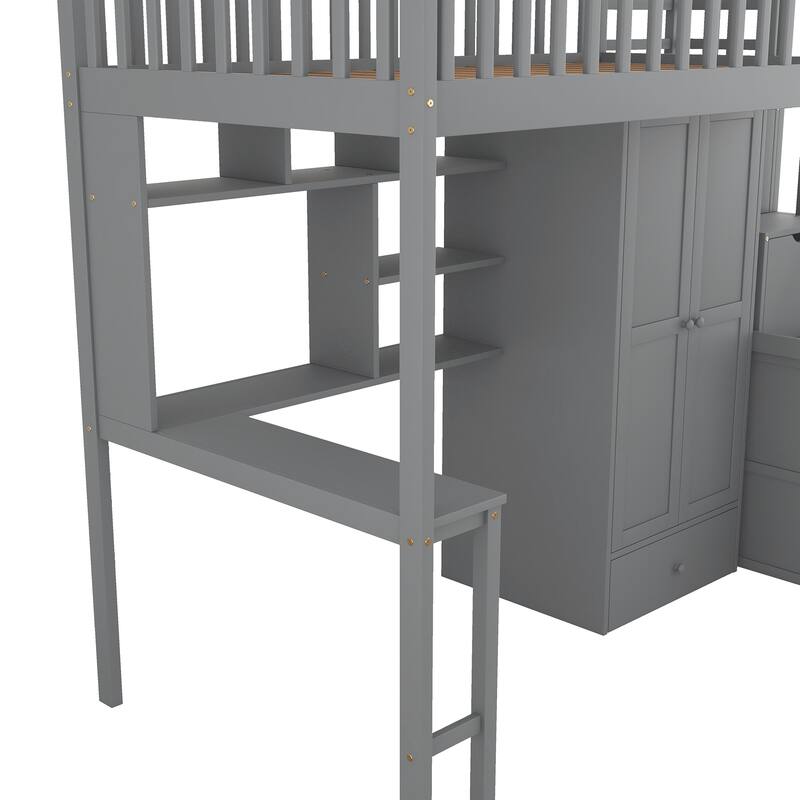 Twin size Loft Bed with Bookshelf Drawers Desk and Wardrobe
