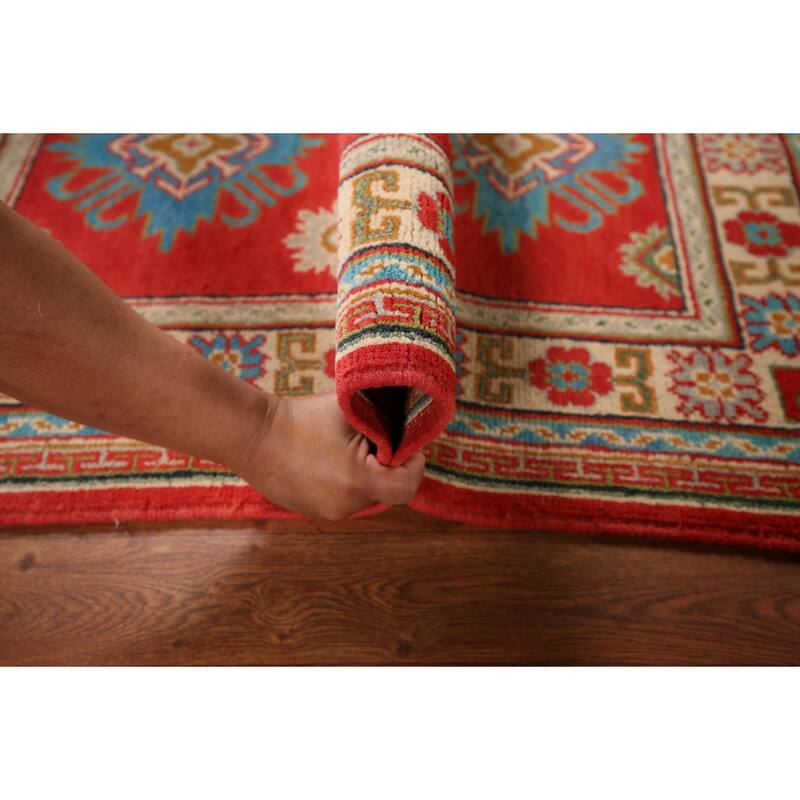 Red Kazak Foyer Rug Handmade Geometric Red Wool Carpet - 2'9" x 4'2"