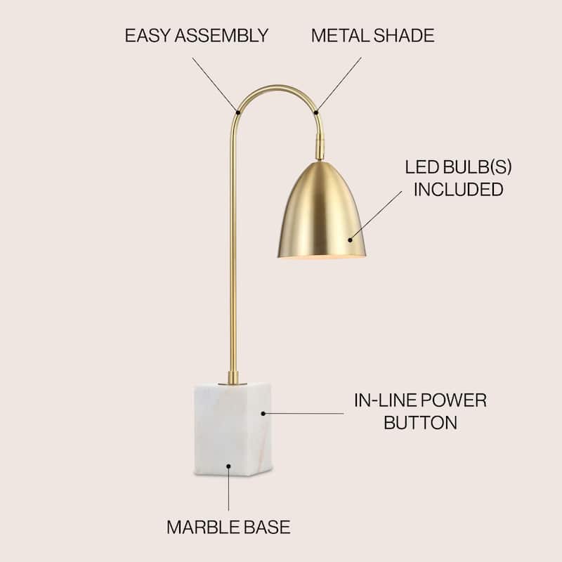 Vaughn 26" Gold Arched Metal with Marble Base LED Table Lamp, Brass Gold/White by JONATHAN Y