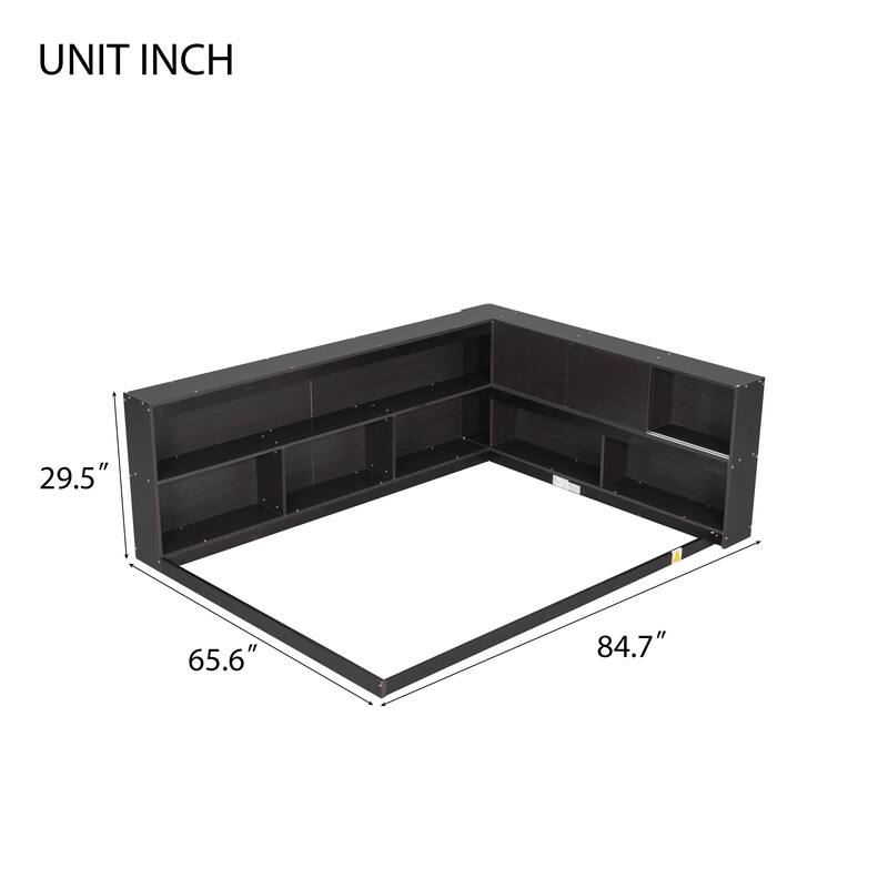 Modern Full Floor Bed with Built-in L-Shaped Bookshelves & Sliding Door Storage - No Box Spring Required