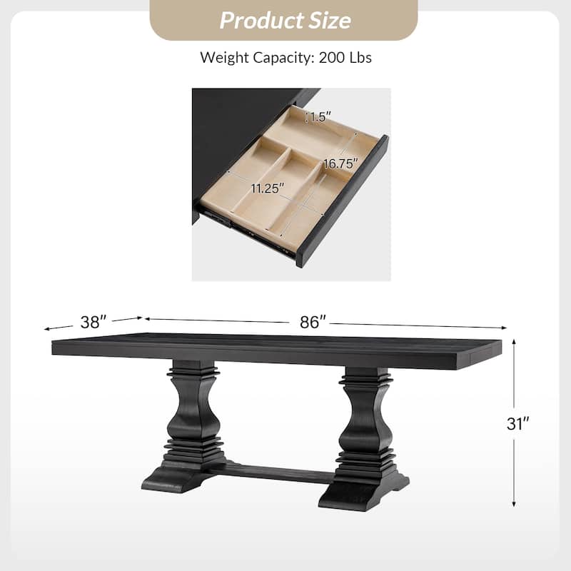 Pawel 86" Farmhouse Double Pedestal Dining Table with Two Built-in Divided Drawers by HULALA HOME
