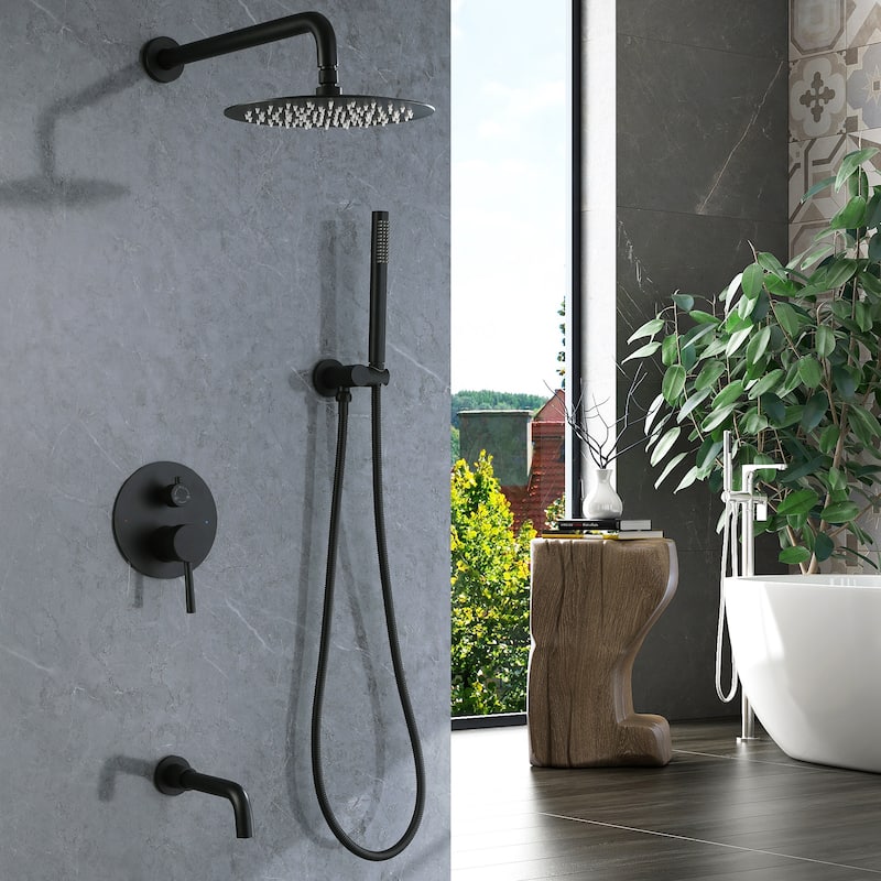 Complete Pressure Balanced Rain Shower System with Tub Spout - Matte Black