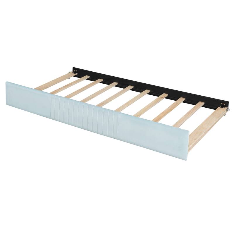Light Blue Velvet Upholstered Twin Daybed with Trundle and Wood Slats