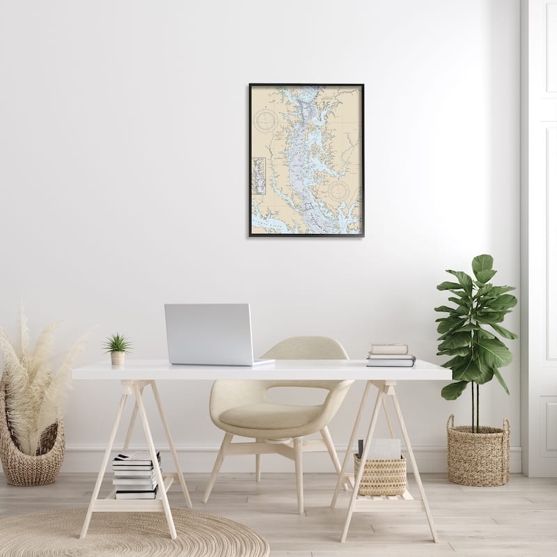 Stupell Potomac River Chesapeake Bay Coastal Map Beige Blue Framed Wall Art