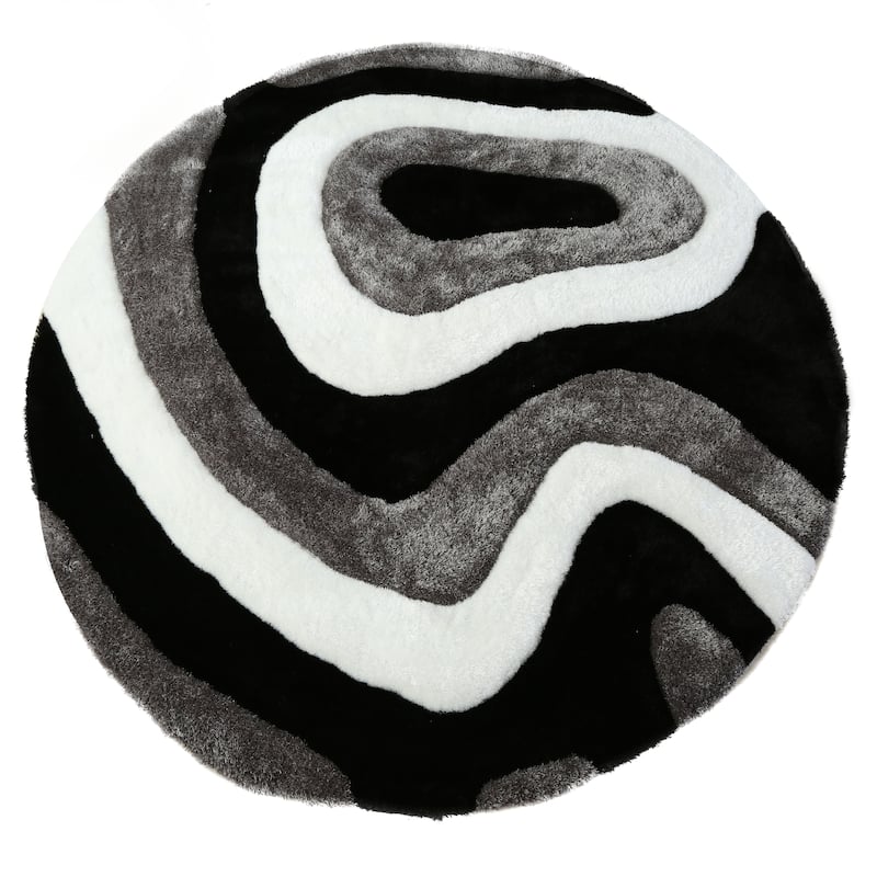 Mateos Shag Abstract Designed Area Rug - 7' Round - Grey/Black