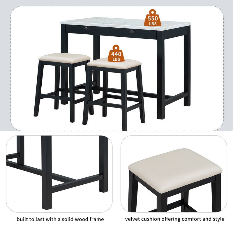 3 Pcs Counter Height Dining Table Set, Breakfast Nook Table Set for 2, Marble Table with Storage Drawers and 2 Padded Stools