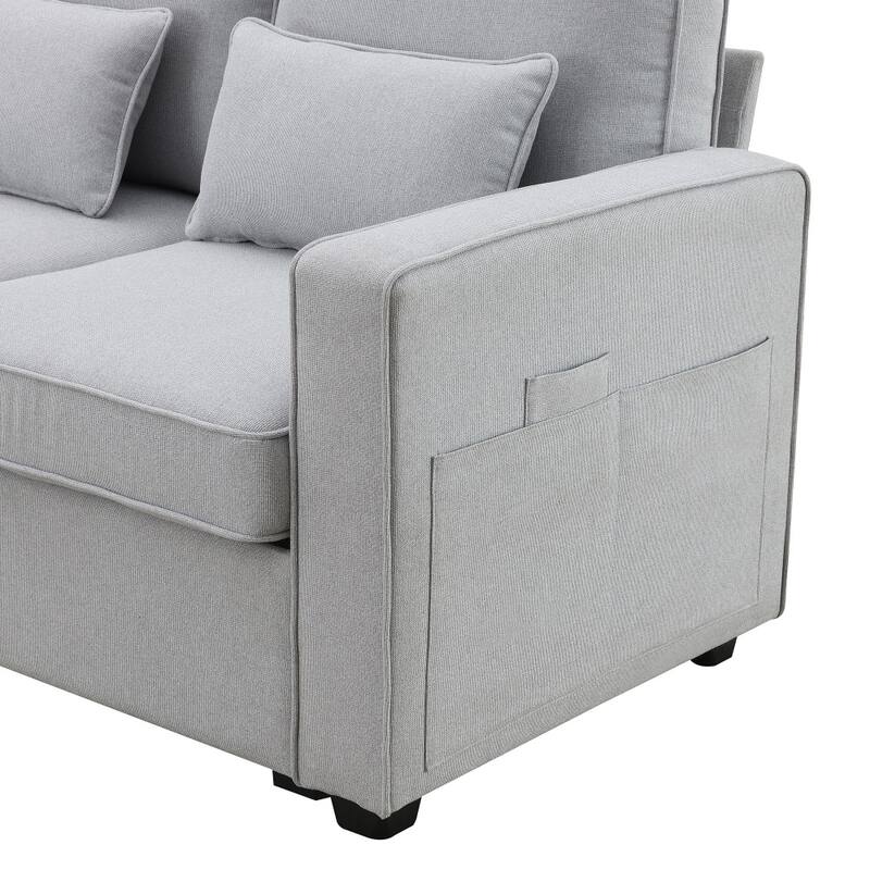 104" 4-Seater Modern Linen Fabric Sofa with Armrest Pockets and 4 Pillows