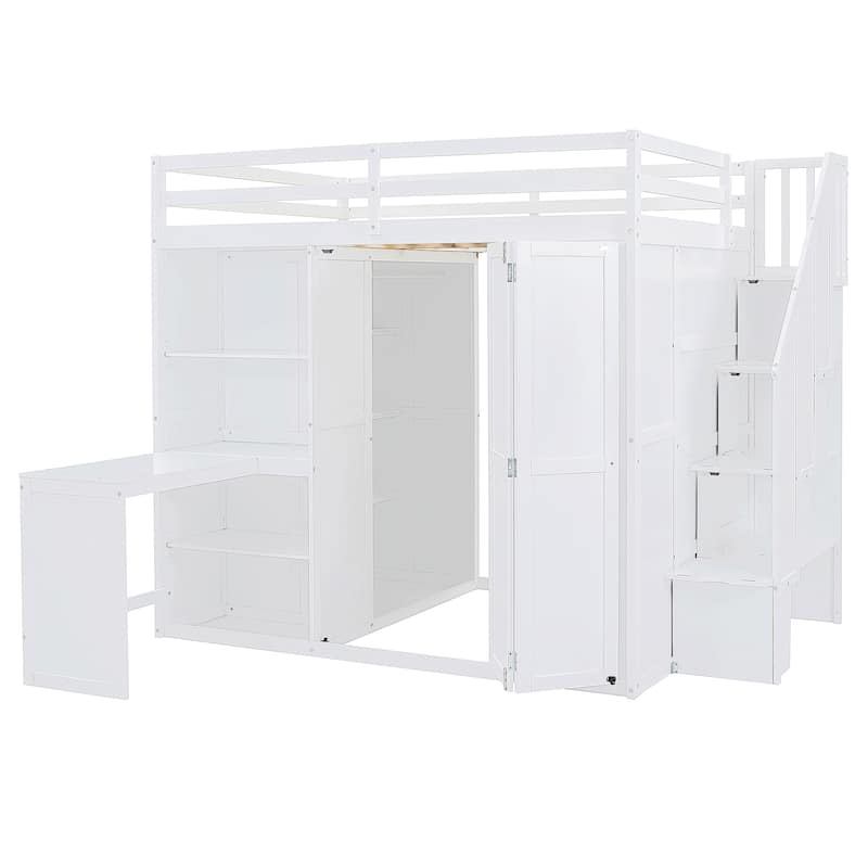 White Full Size Bunk Bed with Wardrobe, Desk and Shelves for Kids, Boys and Girls, Bedroom