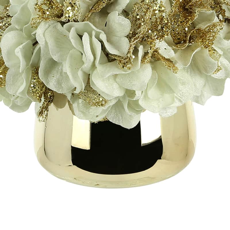 Hydrangea Holiday Arrangement in a Glass Vase - White, Gold - 9Hx9Wx9D