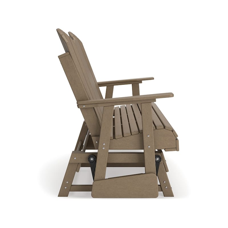 Sami 67 Inch Outdoor Adirondack Glider Loveseat, Dropdown Cupholders, Brown