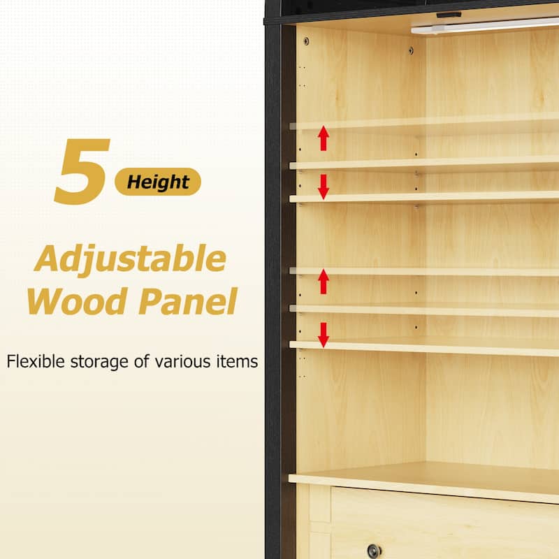 Modern Arched Cabinet with Glass Doors,72" Tall Arch Storage Cabinet with Height Adjustable Shelf and 2 Drawers Bookshelf
