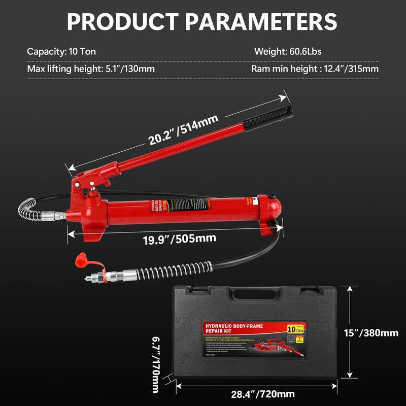 4 Ton Porta Power Kit, Portable Hydraulic Jack with 4.1 ft/1.25 m Oil Hose, 17 Pcs Hydraulic Ram, 8000 Lbs Capacity