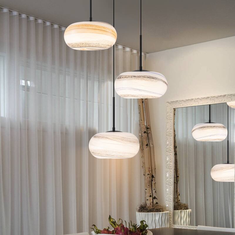 3-Light Cluster Coastal LED Chandelier, Colored Glass Kitchen Island Pendant Light - Black