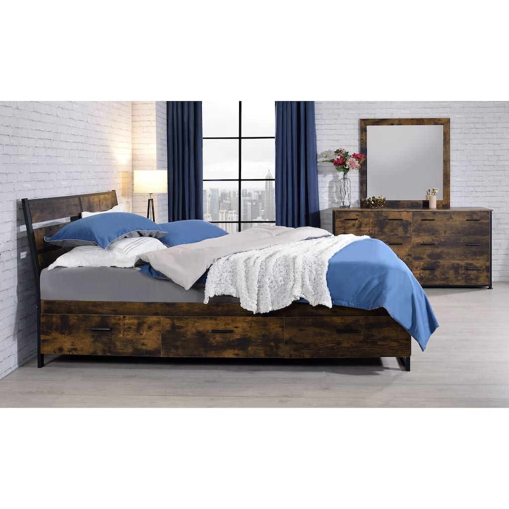 Oak King Size Industrial Solid Wood Bed with Wooden Side Rails