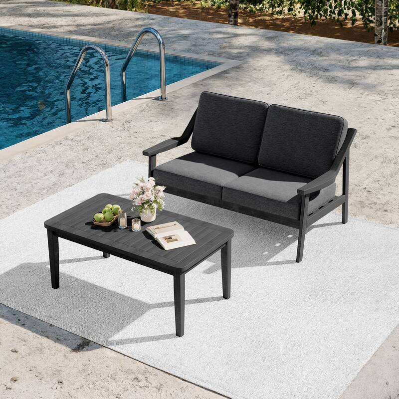 2-piece Brown/ Black Teak Cushioned Patio Loveseat Set with Coffee Table