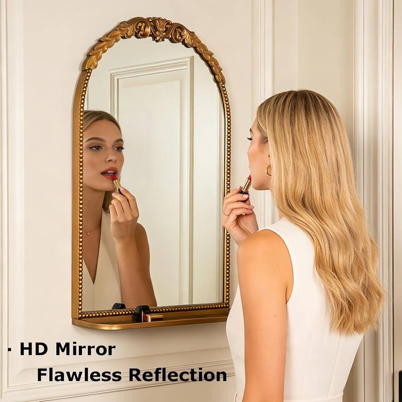 Ornate Arch Top Metal Framed Wall Mirror with Shelf