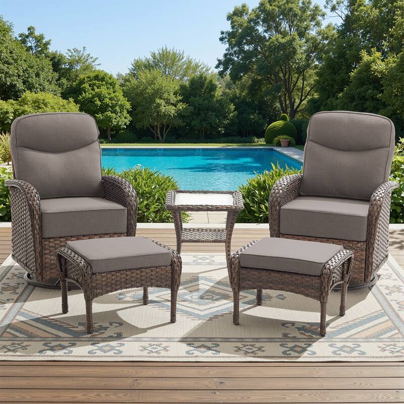 Meyreso 5-Piece Wicker Patio Swivel Glider Set with 6-Inch Thick Cushions