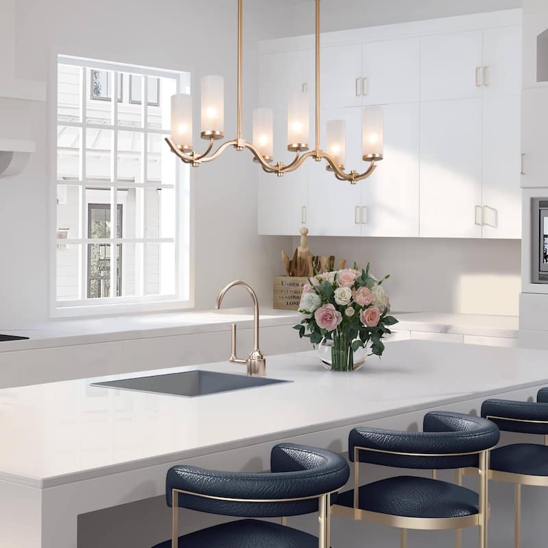 Modern Gold 6-Light Frosted Glass Chandelier Linear Island Lights - L30"x W9" x H10"