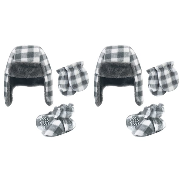 slide 1 of 1, Hudson Baby 6Pc Trapper Hat, Mitten and Bootie Set, Charcoal White Plaid 0-6 Months - Charcoal White Plaid