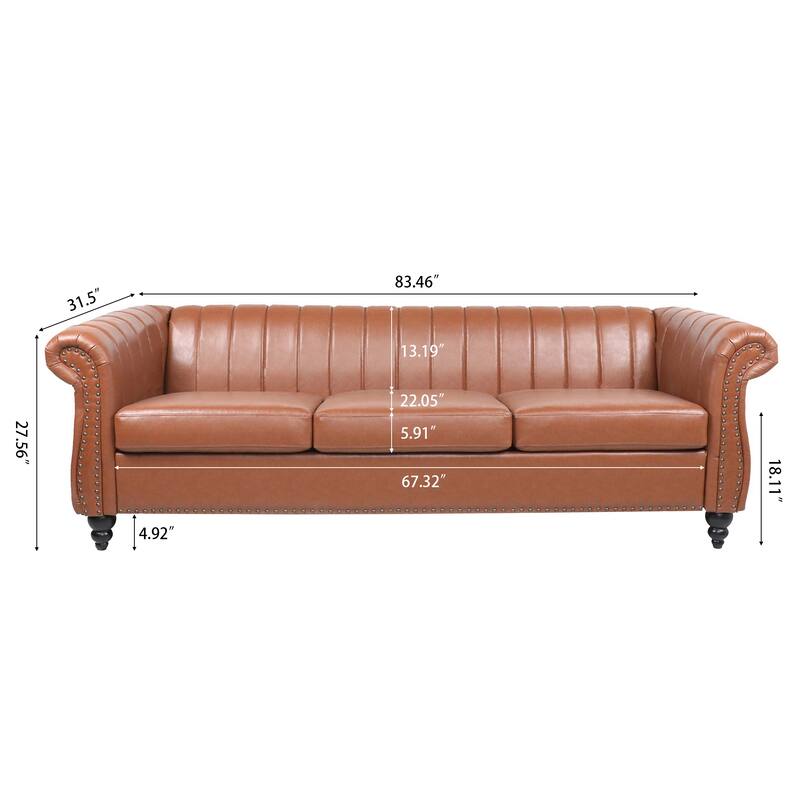 Chesterfield Sofa 83.46" with PU Leather, Quilted Backrest, Birch Legs