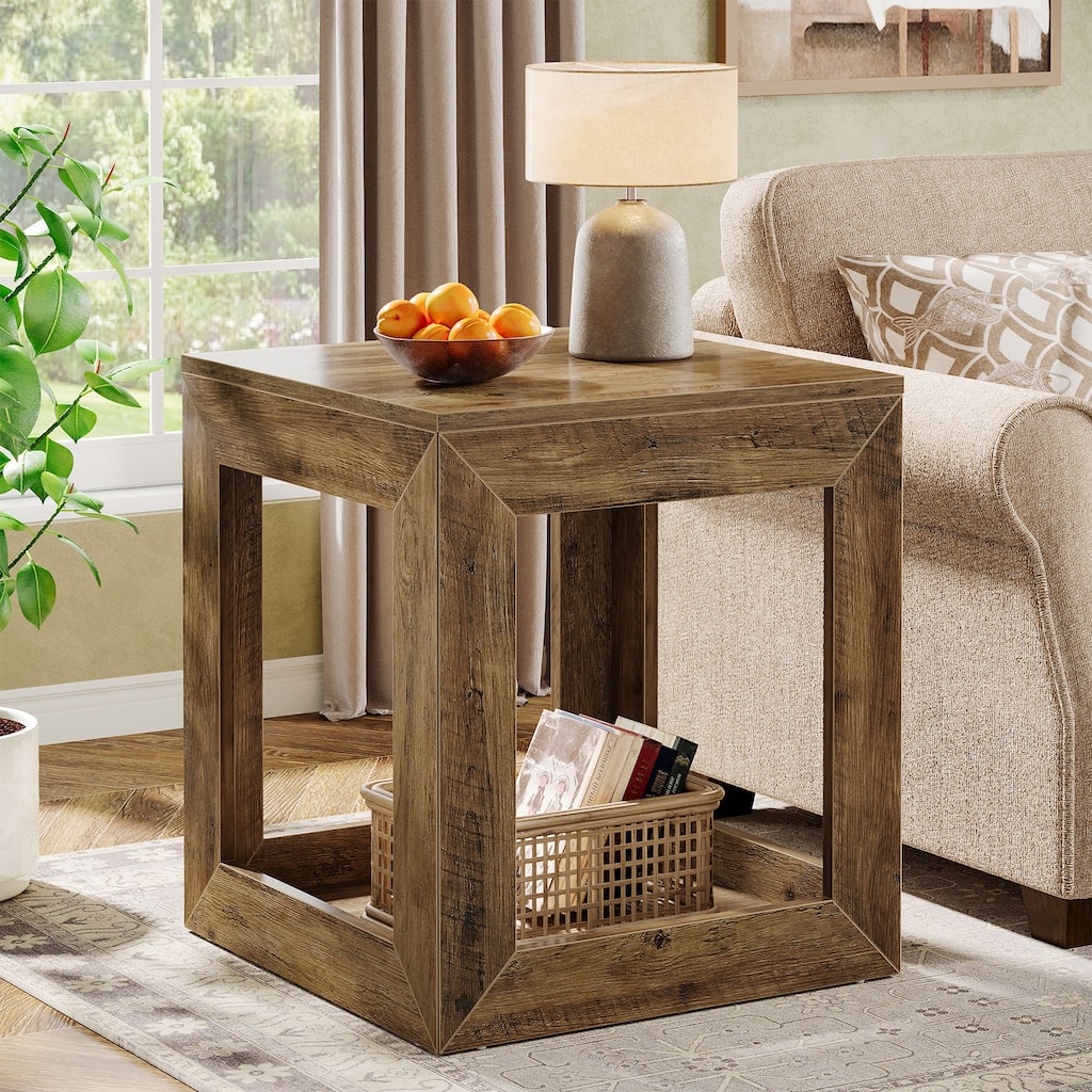 2-Tier Wooden Square End Table for Living Room, Bedroom, Farmhouse Style
