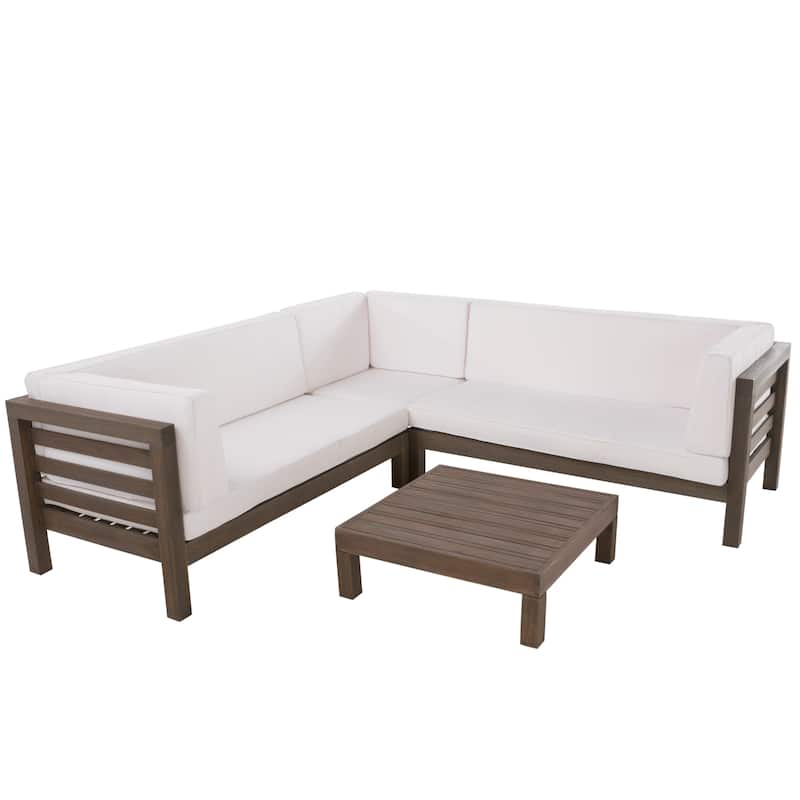 Oana Outdoor 5 Seater V Shaped Mid-Century Modern Acacia Wood Sectional Sofa Set with Coffee Table by Christopher Knight Home