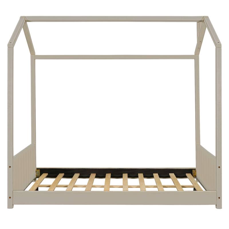 Beige Full Size Velvet House Bed Frame for Kids with Roof Design & Modern Headboard, Solid Wood Construction