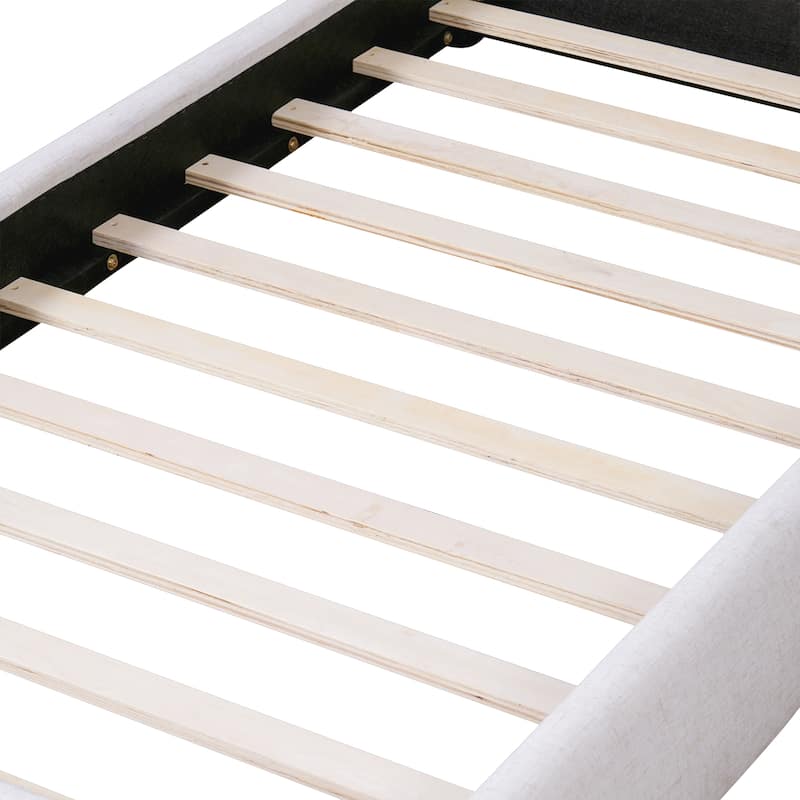 Upholstered Platform Bed Linen Fabric Pillow-back Headboard Wingback Bed Twin Size Beige Bed Frame