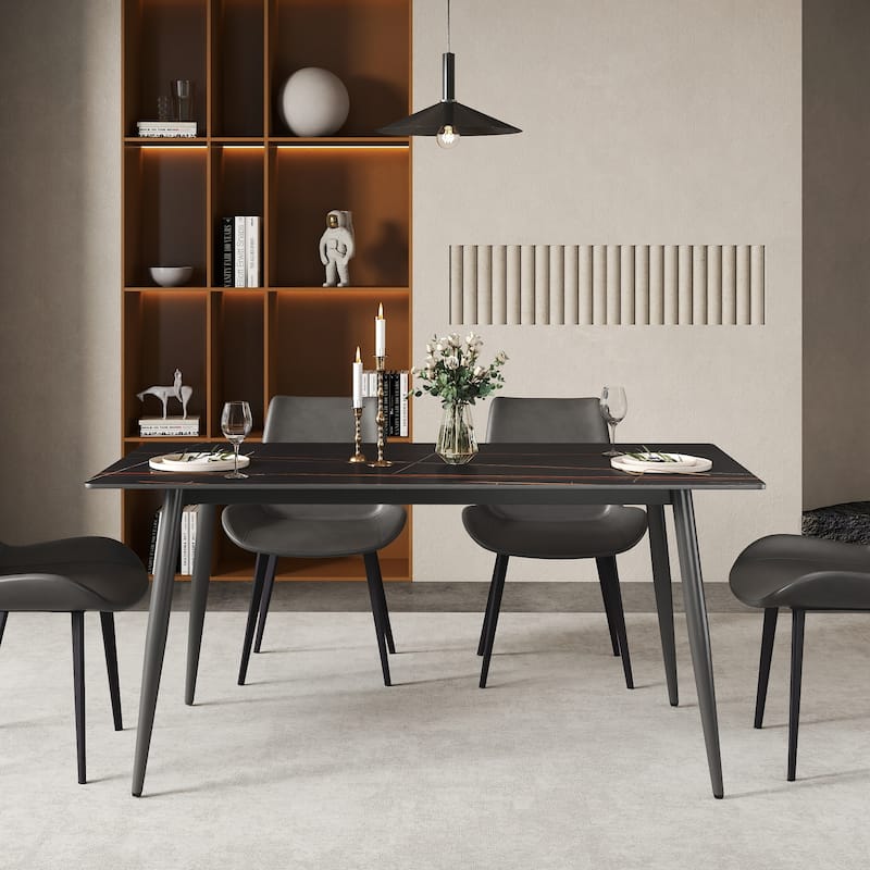 63" Rectangle Modern Kitchen Table with Sintered Stone Dining Table Top and Metal Legs