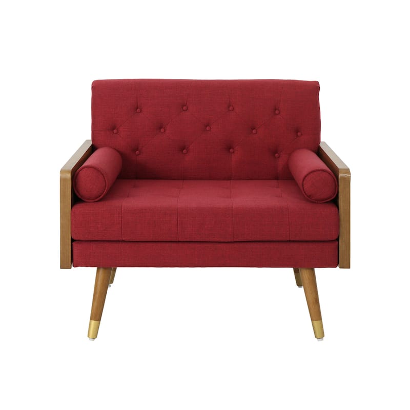 Modern 37.75" Upholstered Button Tufted Club Chair with Rolled Accent Pillows and Wood Frame